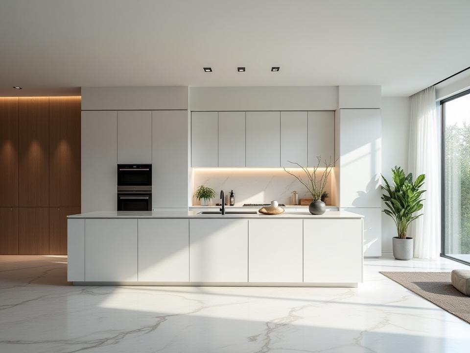 Minimalistisk og moderne kjøkken med rene linjer, integrerte hvitevarer og en stor kjøkkenøy.