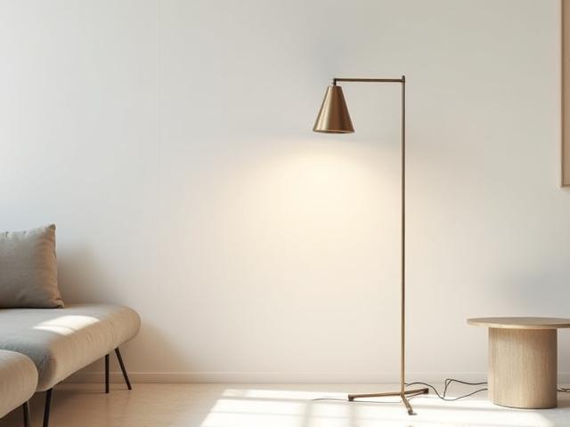 Stilren gulvlampe avslått i et minimalistisk rom